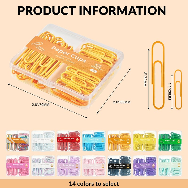 NEEWAY Colorful Paper Clips Assorted Sizes, Small and Large Paper Clips, 210 Count, 3 Pack of 70 (Orange) - Image 2
